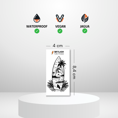 Tatouage ephemere surf realiste et decoratif avec palmier et coucher de soleil